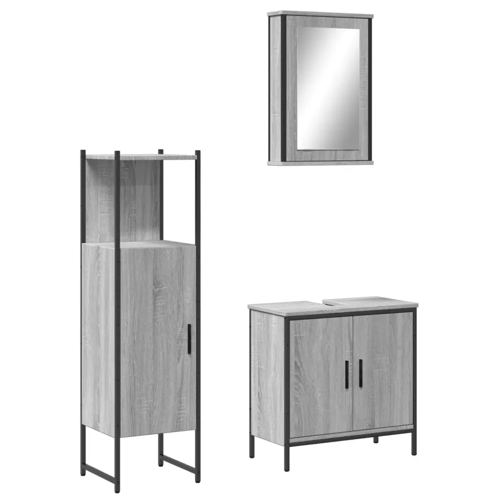 Set Mobili da Bagno | Armadio da bagno 3 pz Grigio Sonoma in Legno Multistrato