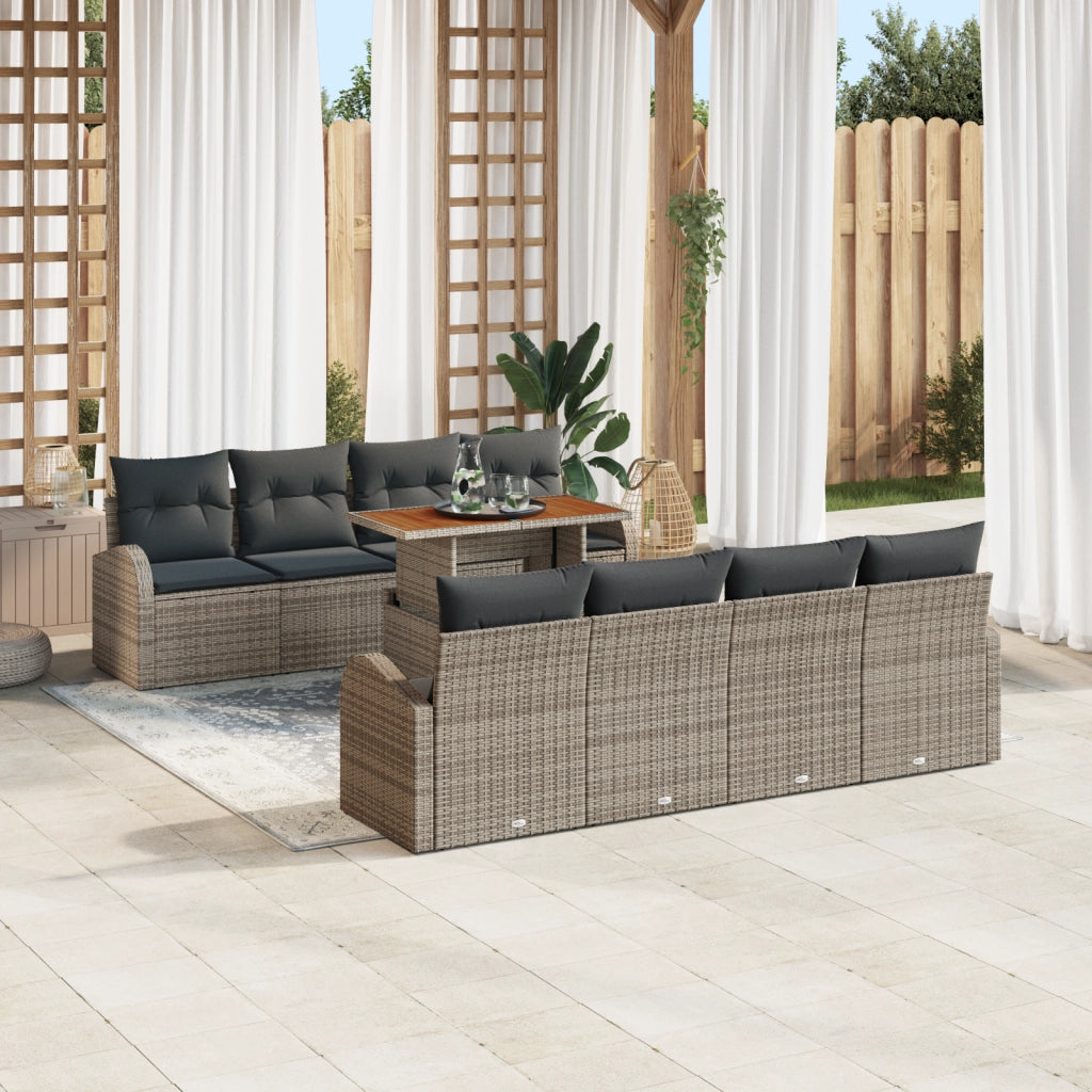 Set di Divani da Giardino a 9 Pezzi con Cuscini Grigio Polyrattan