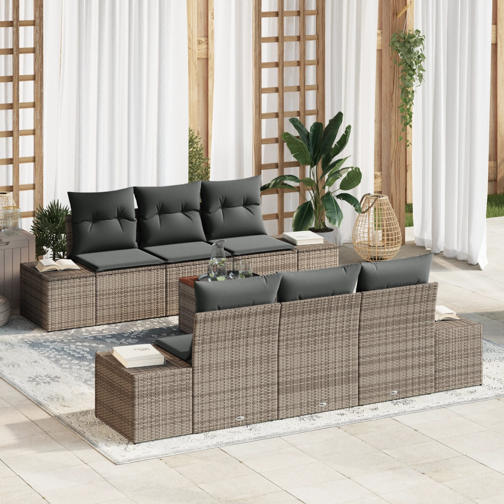 Set Divano da Giardino da 7 Pezzi con Cuscini Grigi in Polyrattan e Acacia