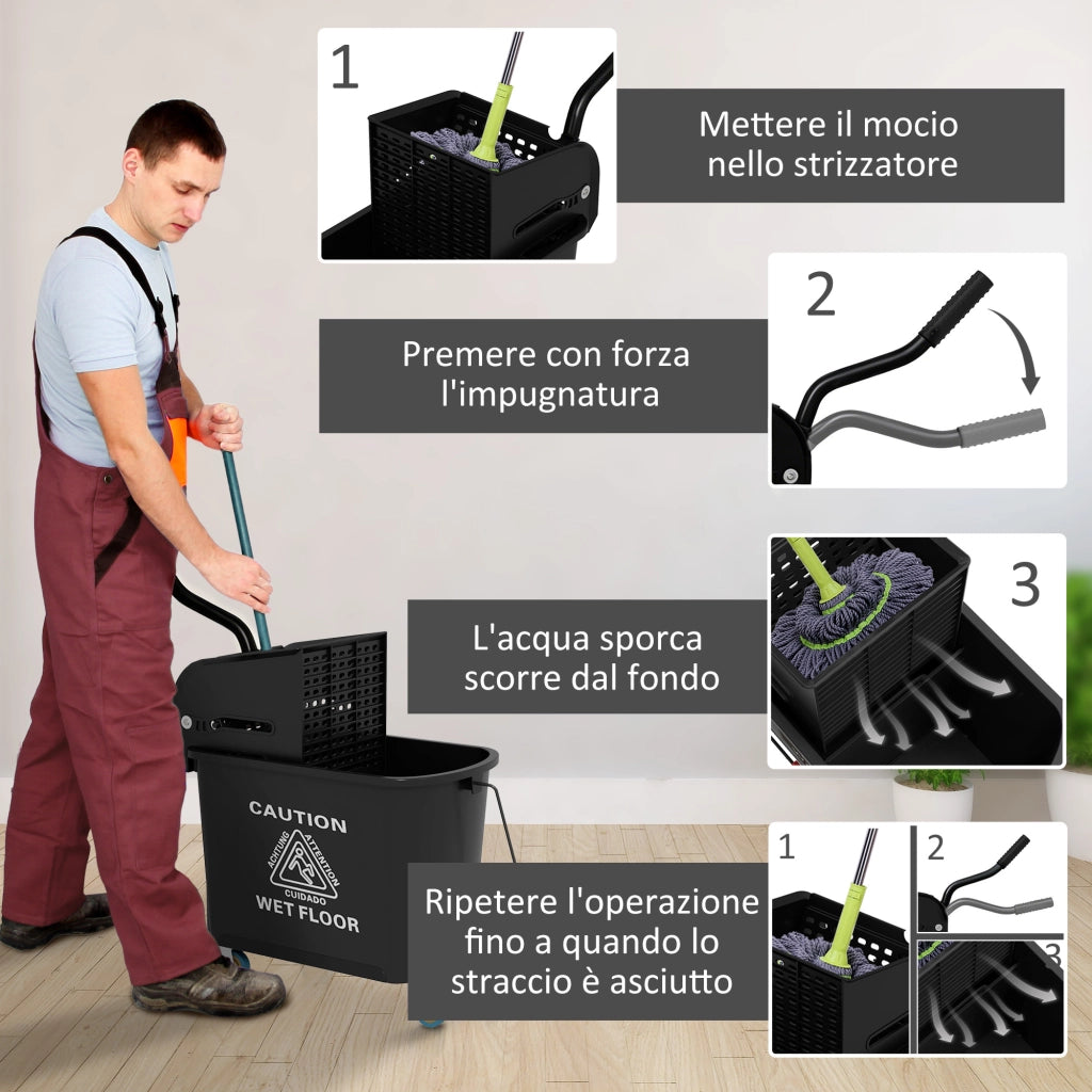 Carrello per Pulizie in Plastica PP da 20L con Secchio e Strizzatore, 60x27x70.5 cm, Nero