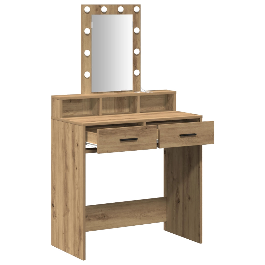 Tavolo da trucco  con luci LED in Rovere, artigianale, 79x41x140 cm