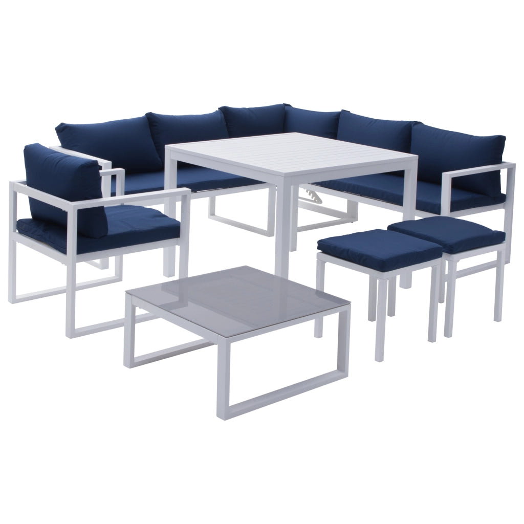Set di mobili da giardino componibili IBIZA in tessuto blu, 7 posti a sedere - alluminio bianco
