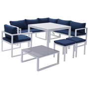 Set di mobili da giardino componibili IBIZA in tessuto blu, 7 posti a sedere - alluminio bianco