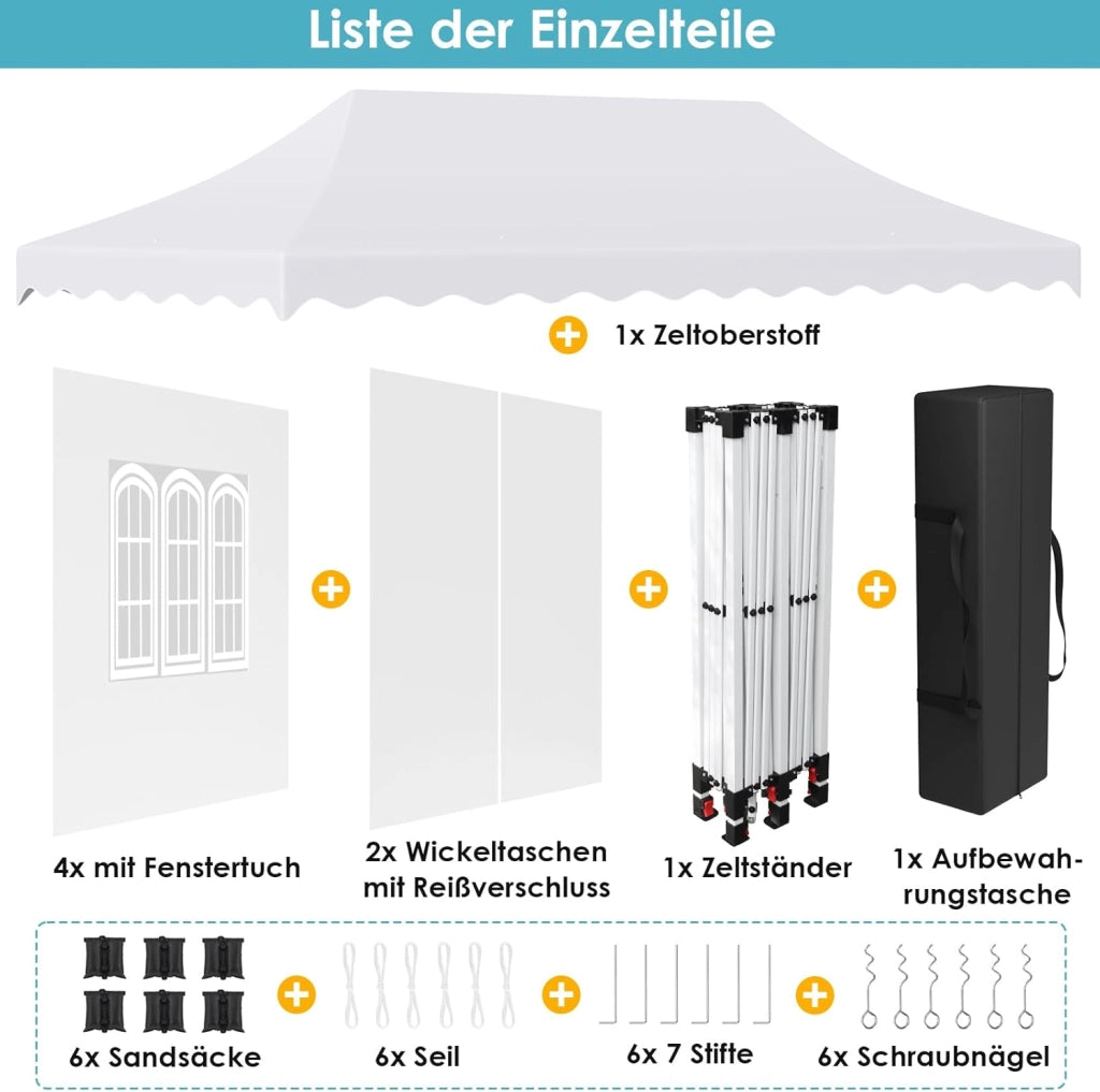 Gazebo 3x6 Pieghevole Impermeabile con 6 Pareti Laterali, Gazebo Esterno Antivento,Tenda UV 50+,12 Chiodi Rettificati e 6 PCS sacchi di sabbia, Gazebo da Giardino Festa/Campeggio/Matrimoni,Bianco