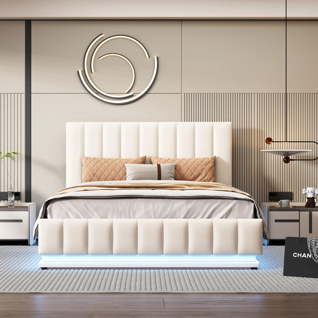 Letto Imbottito Contenitore 140x200 ¨C MINIMAL ¨C Bianco, LED, Testiera Regolabile, Idraulico