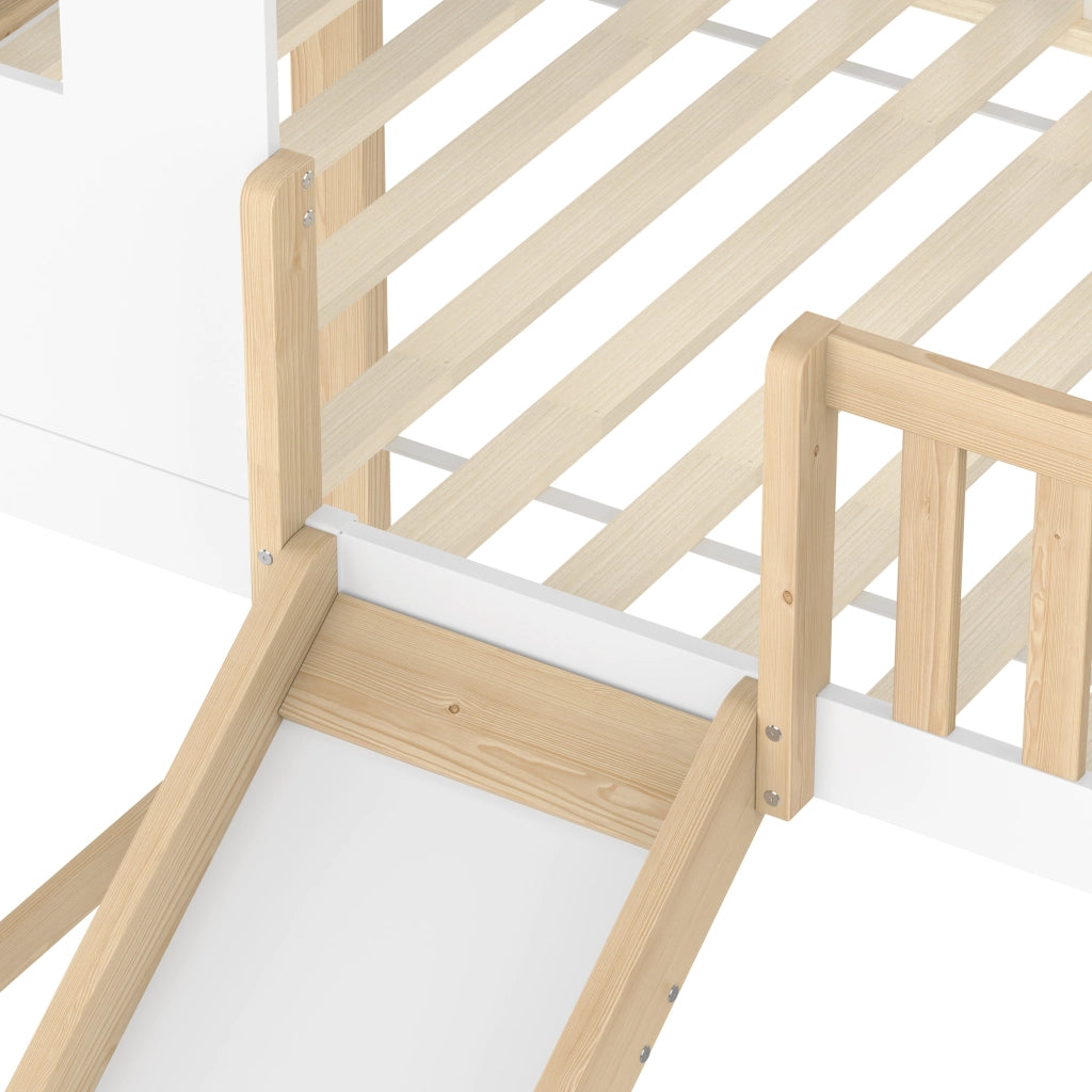 Letto a Soppalco Singolo con Sponda; Scala Contenitore e Scivolo; 90 x 200 cm; senza Materasso; Naturale Bianco