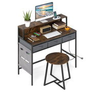 Set tavolo trucco e sgabello con supporto per monitor-Scrivania per computer con prese di corrente Marrone