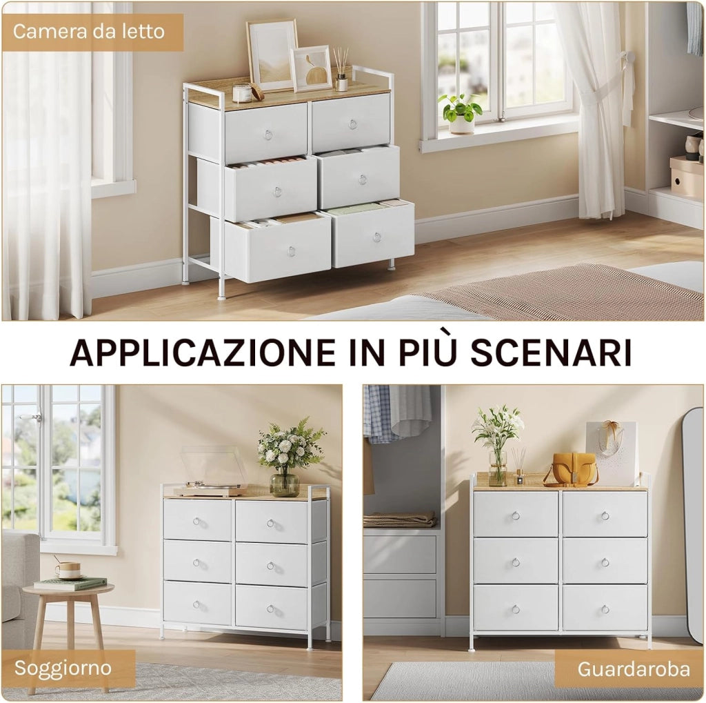 Cassettiera per Camera da Letto con 6 Cassetti, Tessuto, Mobile per Corridoio/Soggiorno con Ripiano Aperto, Struttura in Acciaio, Bianco, SSK010ws