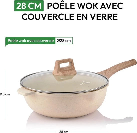 Wokpan con coperchio 28 cm Profondo padella antiaderente Induzione Adatto - Maniglia Softtouch Maniglia fredda Beige