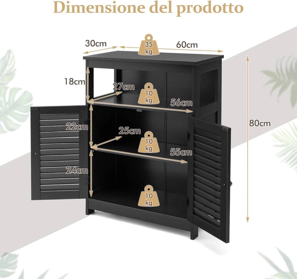 Armadietto da Bagno, Armadietto di Legno con Doppie Ante a Persiana e Mensola Regolabile, Mobile da Bagno Basso Salvaspazio per Ingresso e Camera da Letto, 60 x 30,5 x 80 cm (Nero)