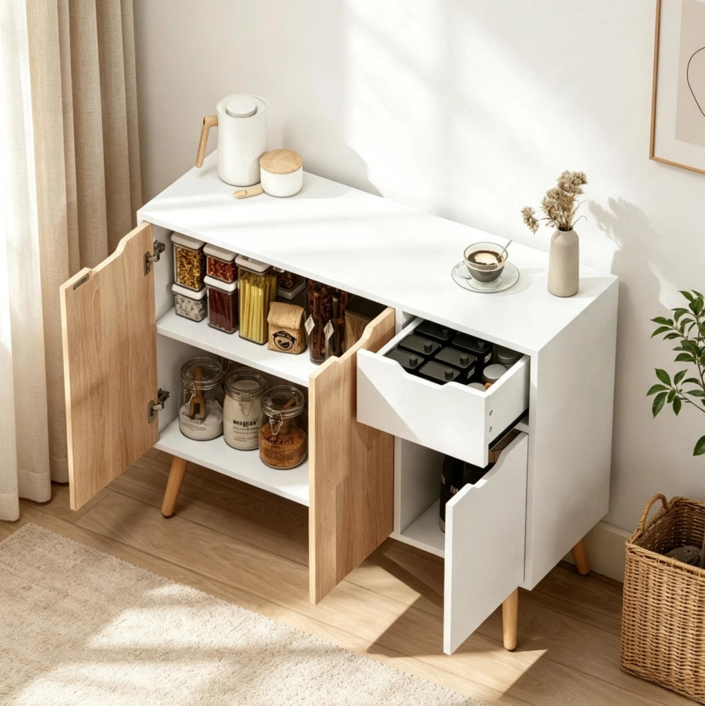 Credenza 90x30x72 cm in pannelli E1 e pino, bianco e rovere chiaro -