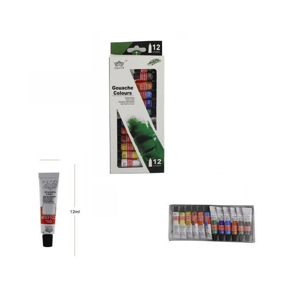 Trade Shop - Set Di 12 Tempere Gouache Per Pittura Artistica In Tubetti Colori Da 12ml Scuola -
