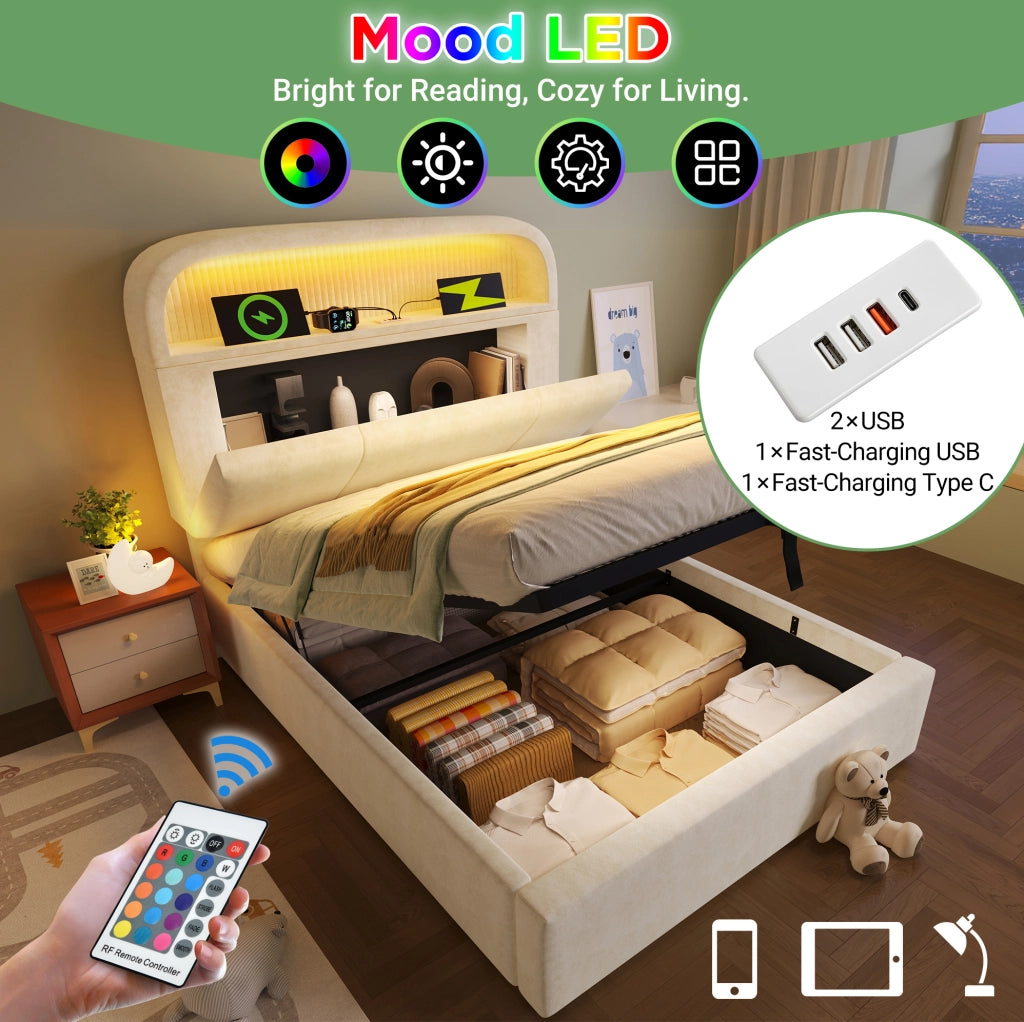 Letto imbottito 90x200 cm con testiera contenitore; LED; USB/Type-C; velluto beige