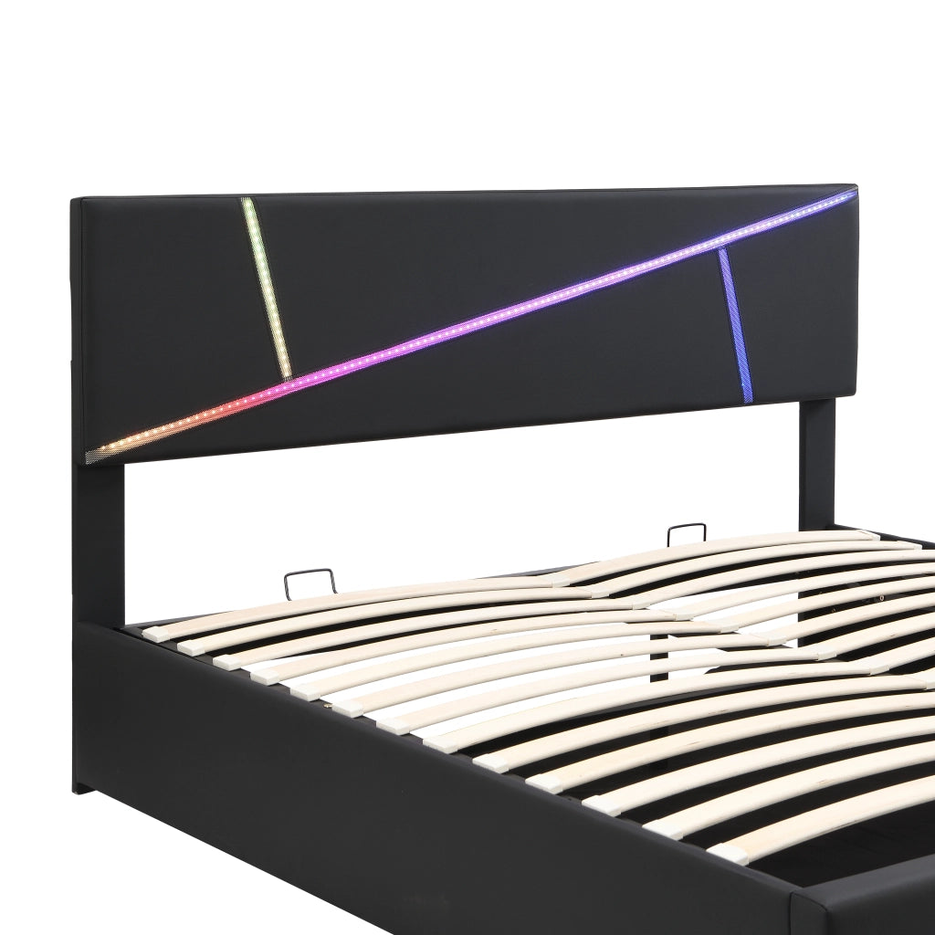 Letto imbottito matrimoniale con LED, contenitore idraulico e rete a doghe, PU nero