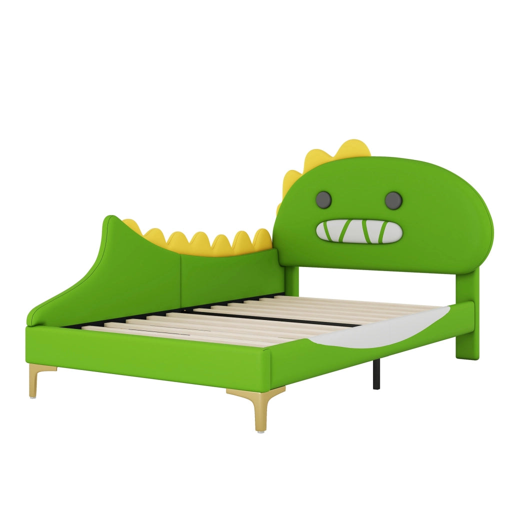 OKWISH Letto Bambino 90×200 cm, Letto Singolo con Testiera a Dinosauro, senza Materasso, in PU e MDF, Verde