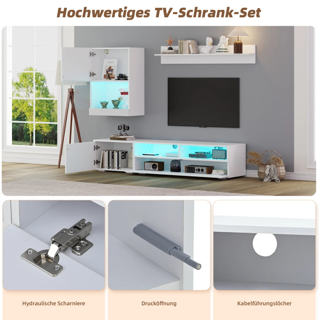 Parete attrezzata TV bianca 3 pezzi con LED, mobili TV 175 cm