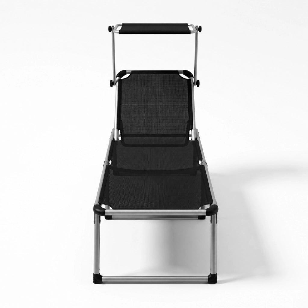 Lettino Pieghevole Prendisole Con Tettuccio Parasole Schienale Reclinabile Regolabile in 6 Posizioni Sedia Sdraio Per Spiaggia Mare Giardino Piscina 187 x 59 x 29 Cm Nero