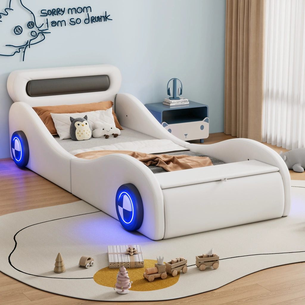 OKWISH Letto Bambino 90×200 cm, Letto Singolo a Forma di Auto con Ruote Luminose, Vano Contenitore, senza Materasso, PU Bianco