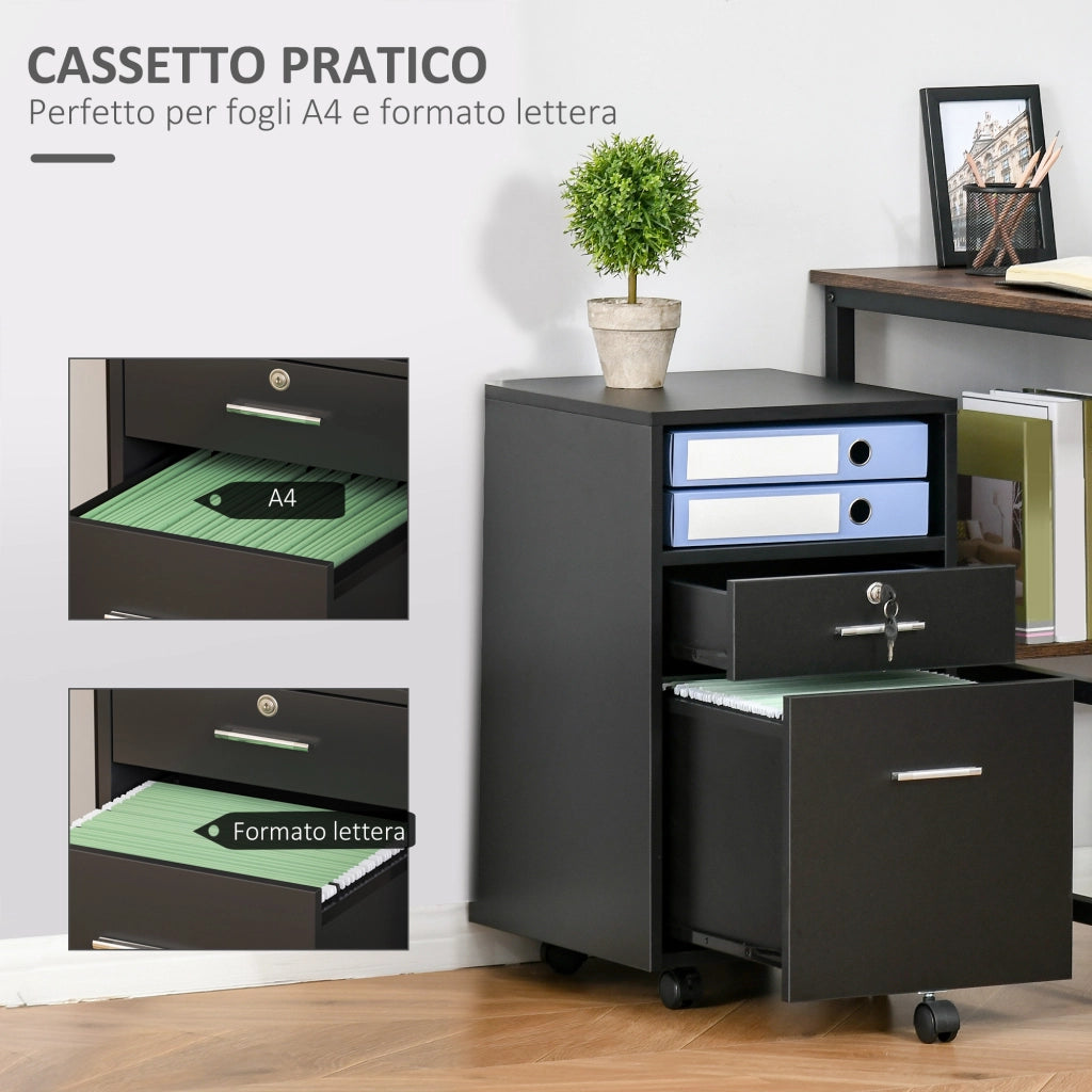 Cassettiera Portadocumenti a 4 Ruote 39x40x65 cm Cassettiera con Serratura in Truciolato Nero