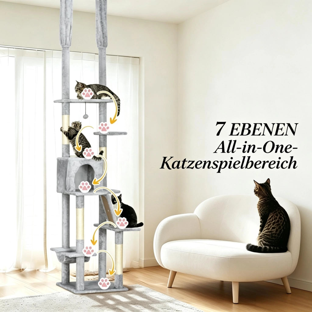 Tiragraffi regolabile in altezza con fissaggio a soffitto, altezza 225-255 cm, 6 livelli con nicchia e amaca.