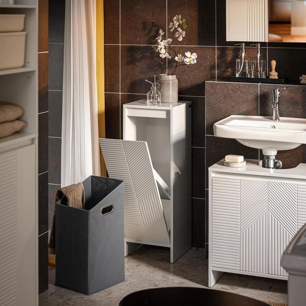 Mobiletto Bagno Salvaspazio con Cesto Portabiancheria – Mobile Bagno Bianco 30x30x87 cm con Anta a Ribalta, Armadietto Bagno Moderno per Bagni Piccoli, WC o Lavanderie BZR154-W