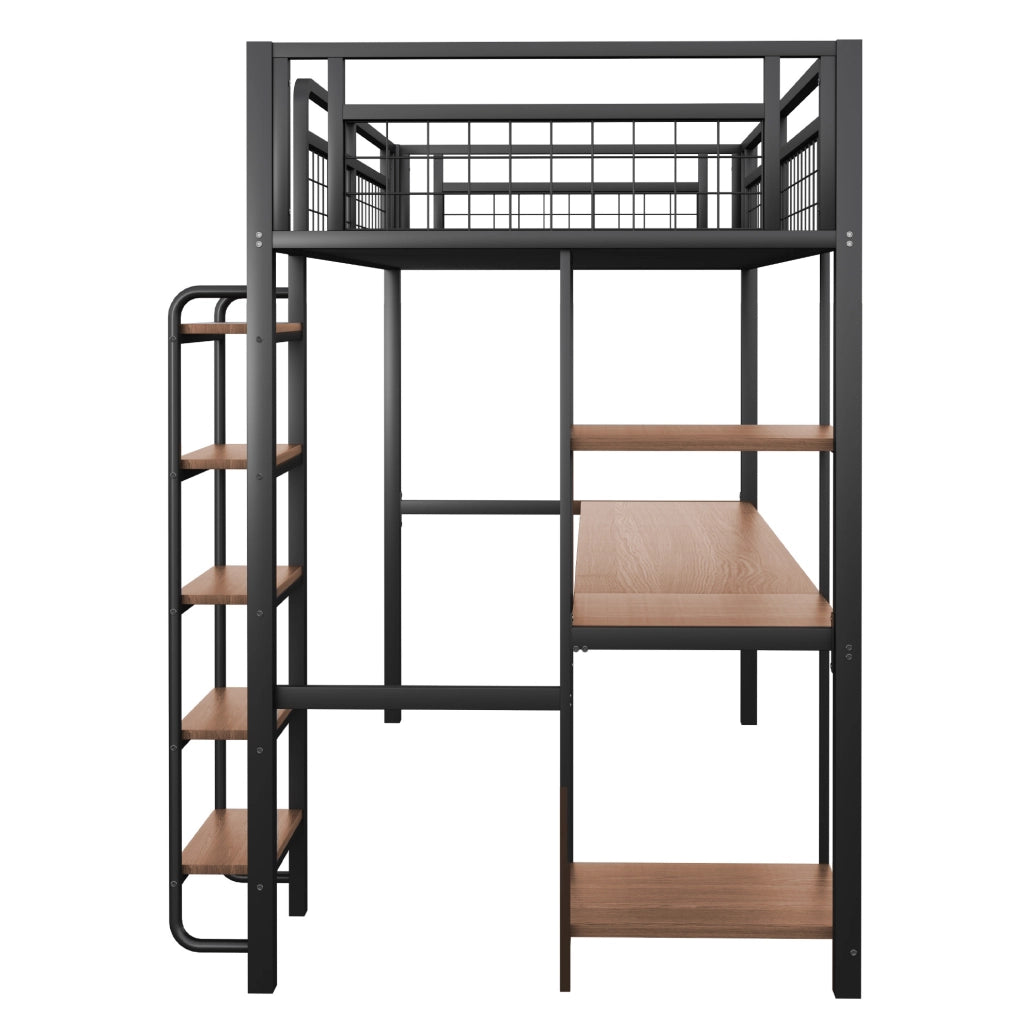 Letto a soppalco 90x200 cm con tavolo e ripiani; scala di sicurezza in metallo nero