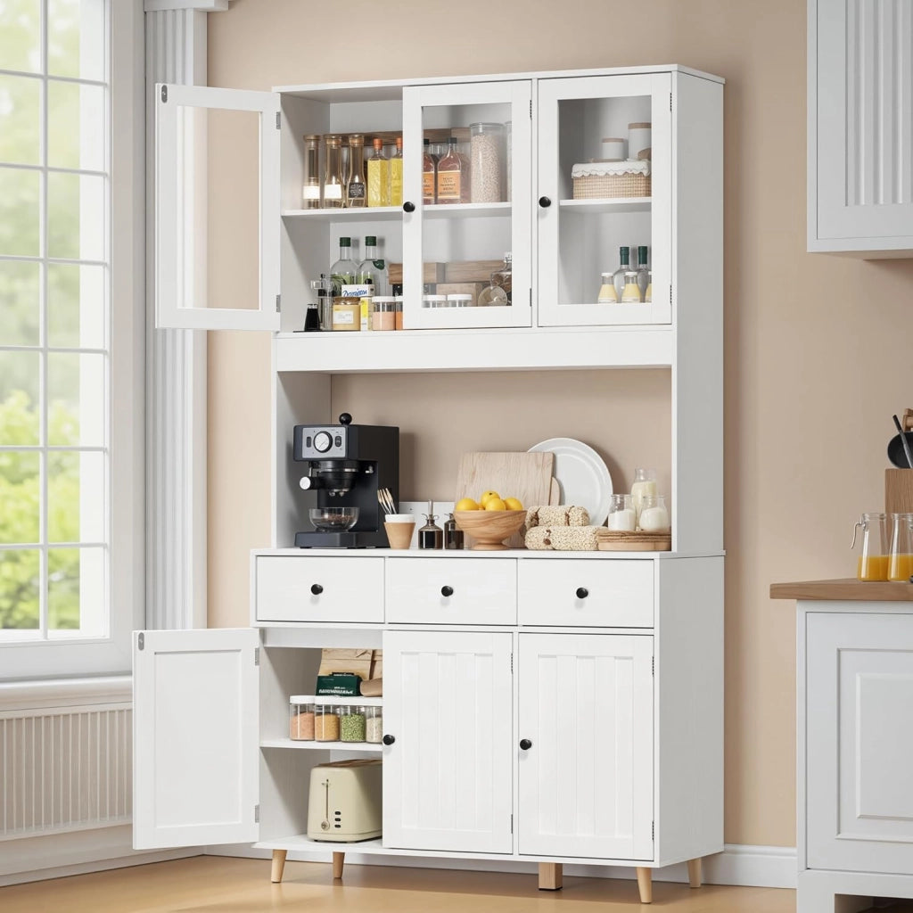 Armadio con piano di lavoro, armadietto a buffet con LED, credenza alta, Armadio per alimenti di grande capacità a 6 ante, 100x38x180cm