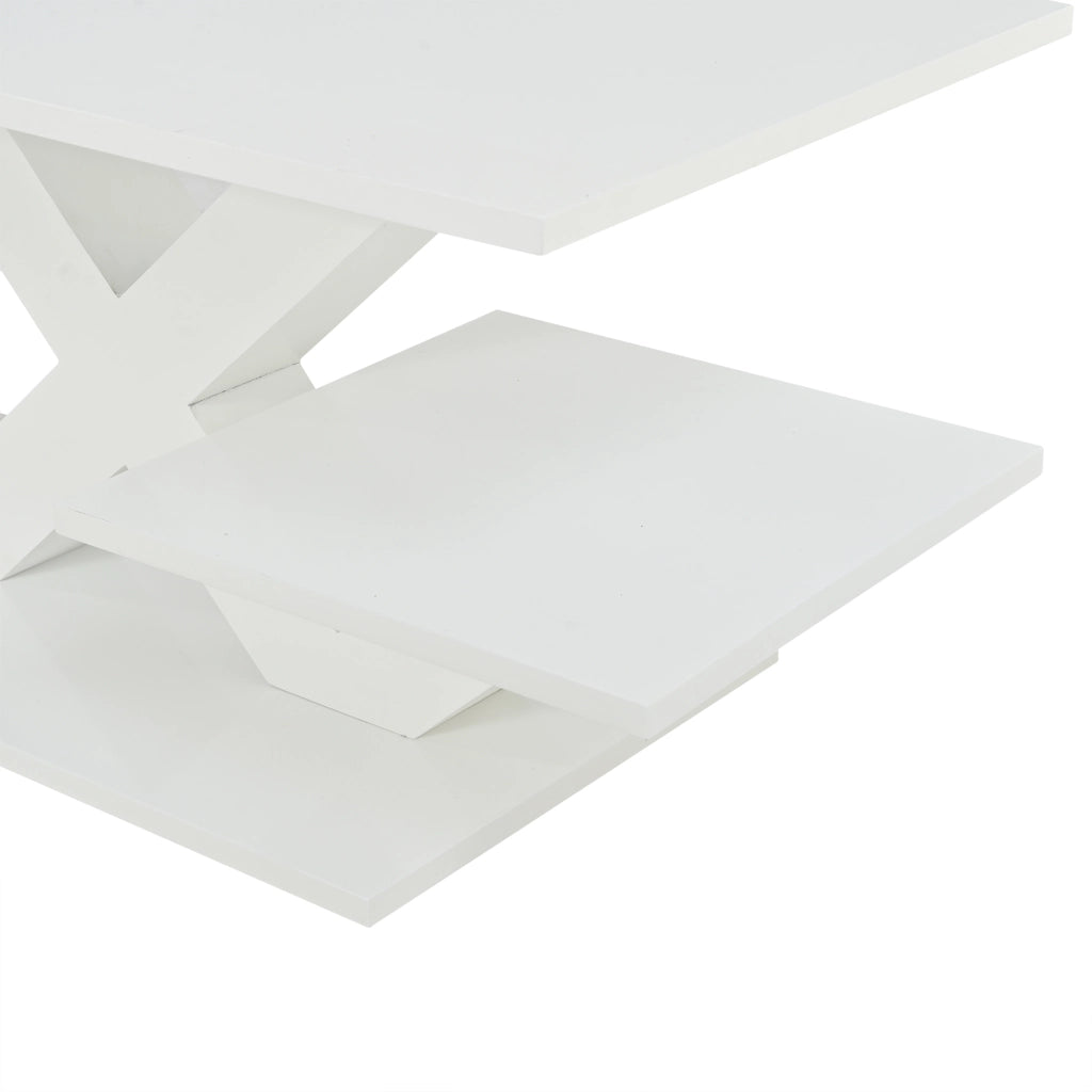 Tavolino basso rettangolare con doppio piano e struttura a x, in MDF lucido, per soggiorno, bianco 100 × 48 × 45 cm