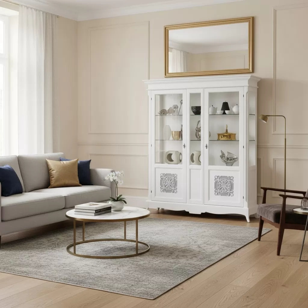 Vetrina 2 porte legno shabby bianco con intarsi 166x51x214 - Mobili 2G