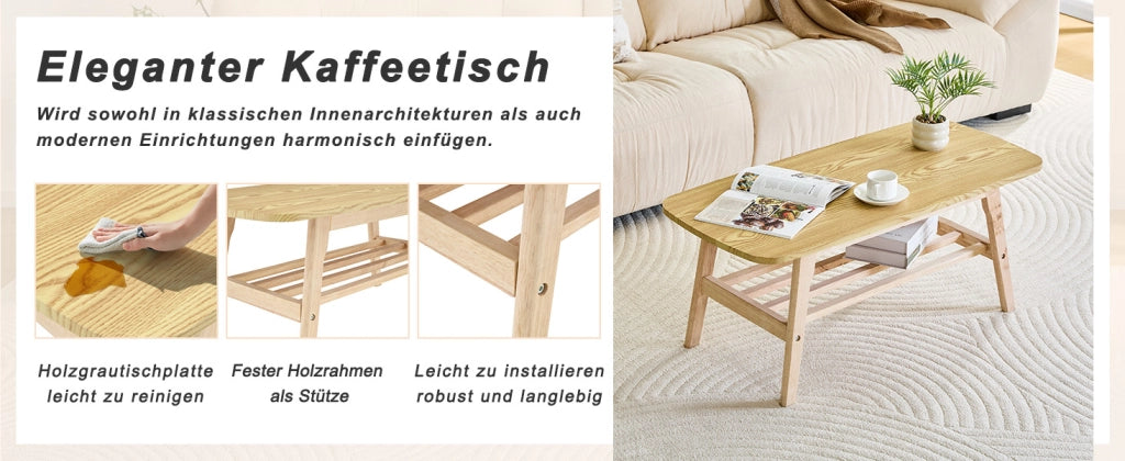Tavolino basso con 2 ripiani contenitore e base in legno massiccio per soggiorno stile moderno 110 × 58 × 19 cm