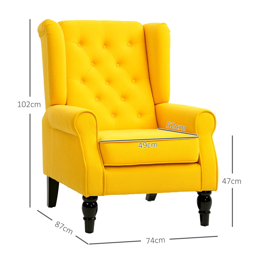 Poltrona Camera da Letto in Stile Francese 74x86x102 cm con Ampia Seduta e Gambe in Legno in Velluto Giallo