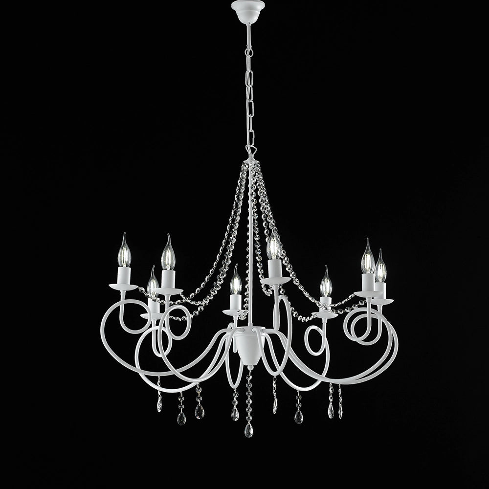 Lampadario Classico 8 Luci Ferro Bianco Shabby E Cristalli Serie Elegant