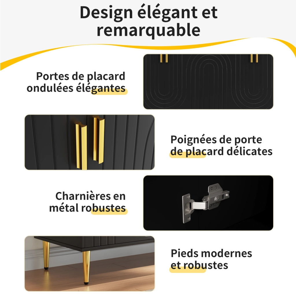 OKWISH Credenza con 2 Ante e 4 Vani, Dispositivo Antiribaltamento, Frontale Ondulato, MDF, 152 x 40 x 75 cm, Nero