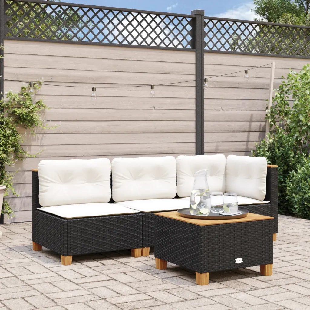 Divano da Giardino a 3 Posti con Cuscini-Sofa da Giardino-Divano da esterno Nero in Polyrattan 875500