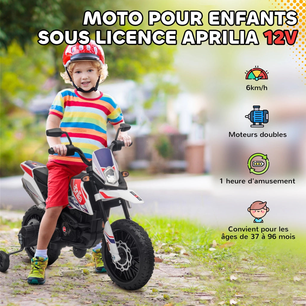 Moto Elettrica Bambini Aprilia ¨C Zephmum ¨C 12V 2 Motori, Luci LED, Bianco