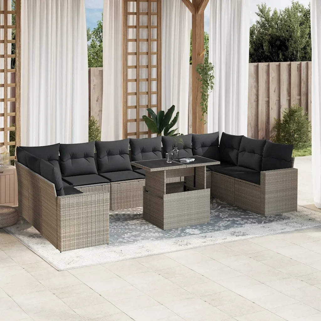 Set Divani da Giardino 11 pz con Cuscini in Polyrattan Grigio