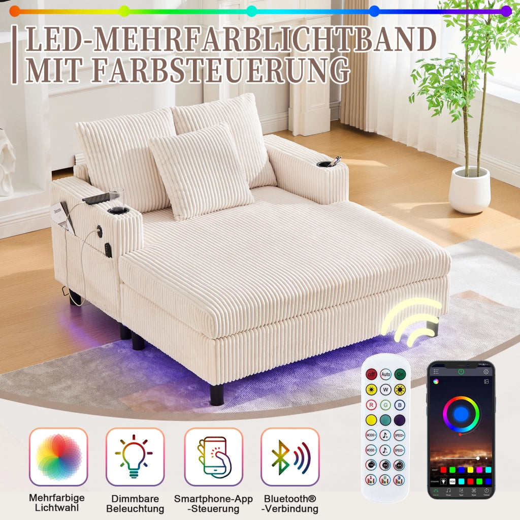 Poltrona relax XXL con illuminazione LED multicolore, USB e portabicchieri, in velluto a coste beige