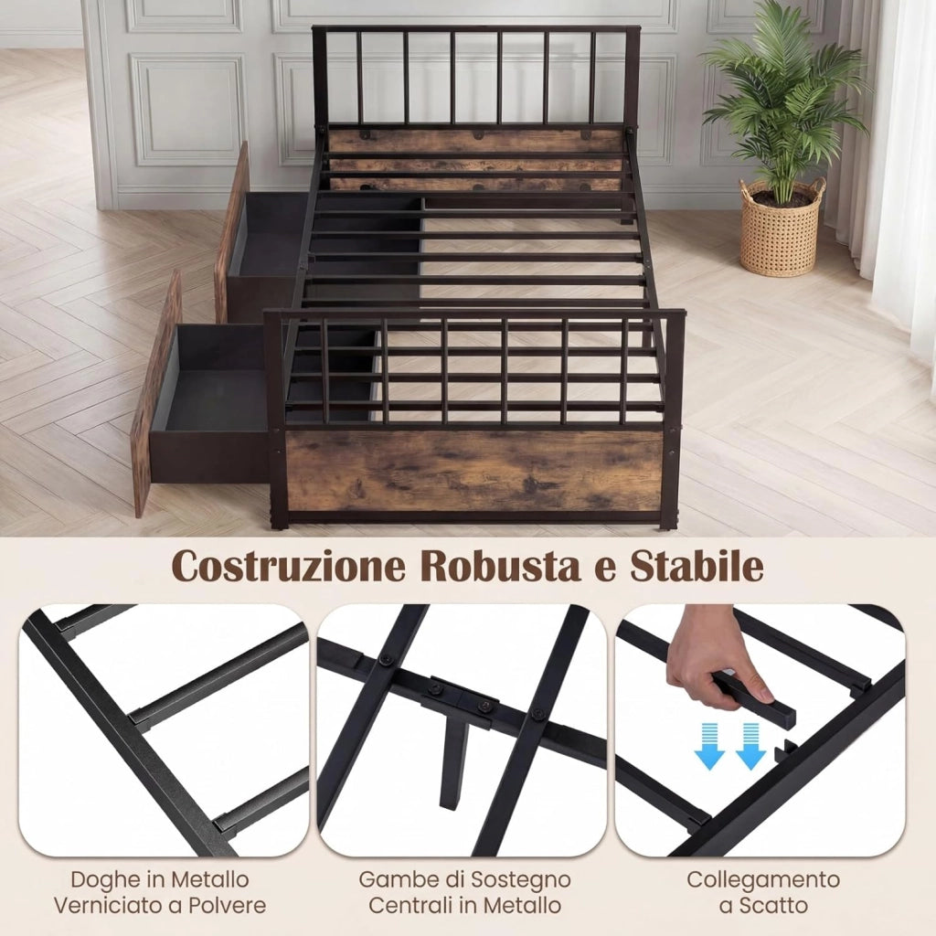 Letto Singolo 90x200 cm, Struttura Letto a Piattaforma Industriale con Testiera Pediera e 2 Cassetti, Doghe in Metallo, Silenzioso