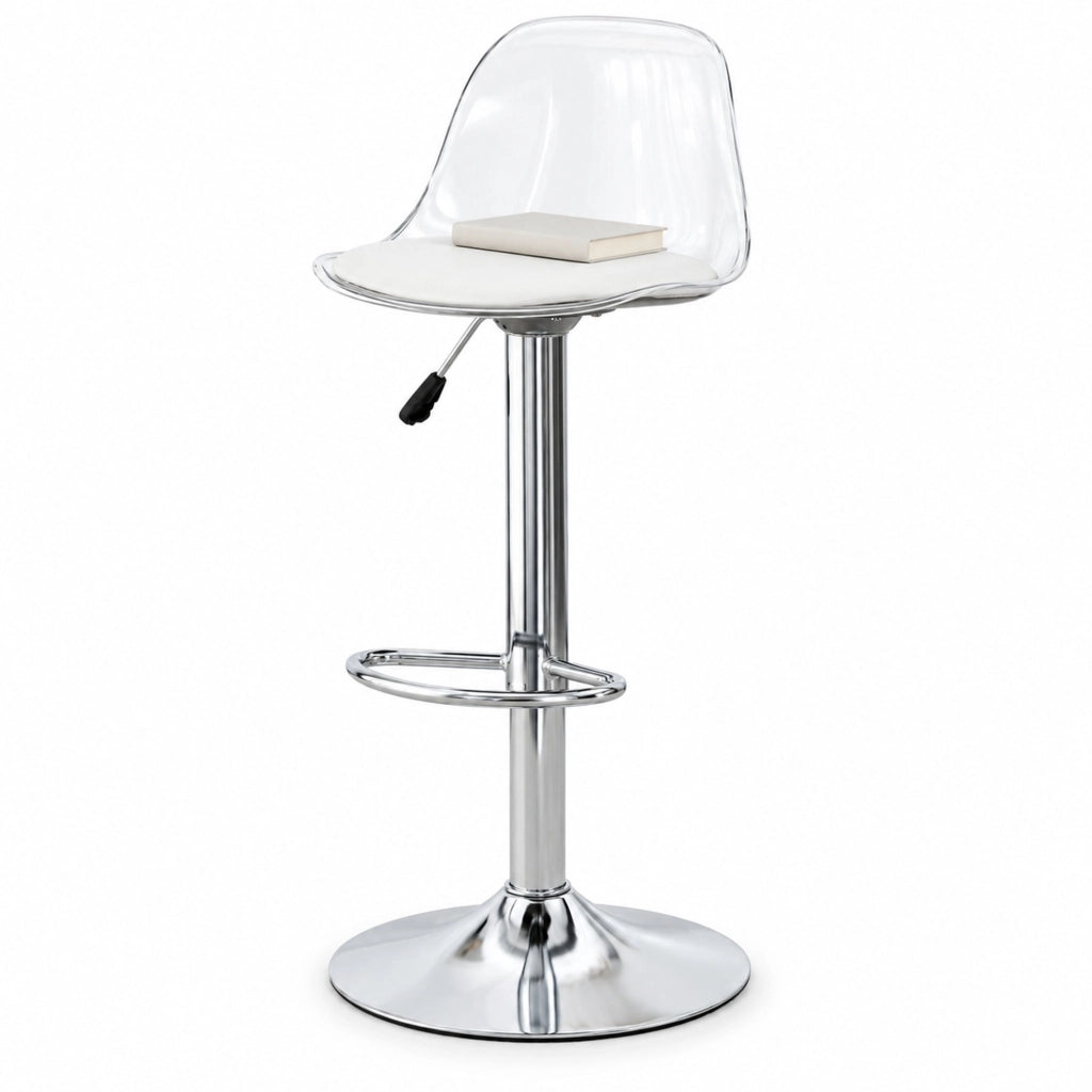 Sgabello da bar regolabile in altezza con schienale trasparente bianco e base in metallo argento set da 2