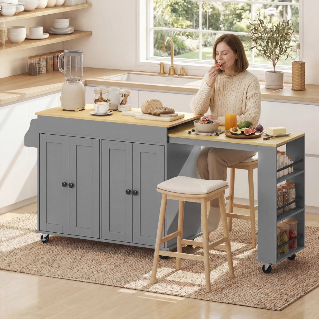 Carrello da Cucina con Ruote ¨C Xylo ¨C Piano Estensibile, 4 Ante, Ripiani Regolabili, Grigio