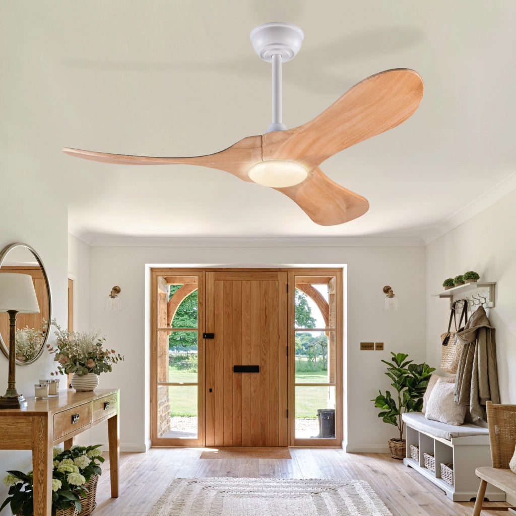 Ventilatore da soffitto 107x107x30 cm in legno e metallo bianco, 6 velocità –