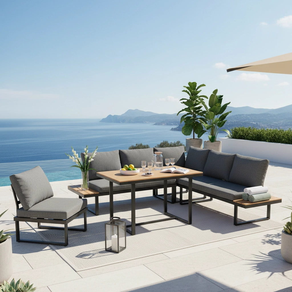 Set da Giardino con Tavolo e Divano Angolare ¨C MINIMAL ¨C Polyrattan Grigio/Nero, Acciaio