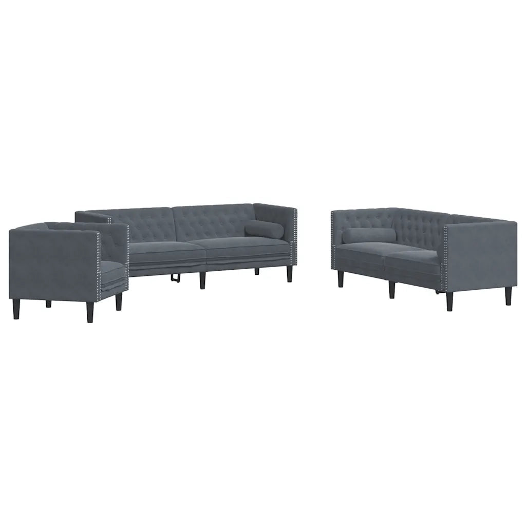 Set Divani Chesterfield 3pz con Cuscini Grigio Scuro Velluto 3209282