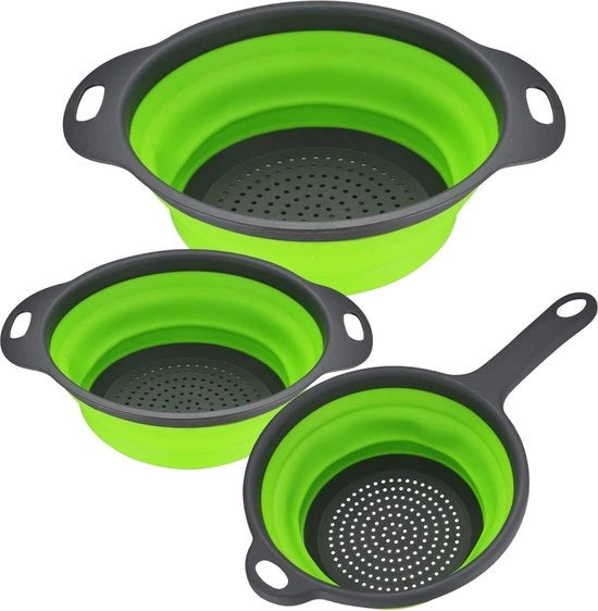 Siliconici pieghevoli per colatura - 3 pezzi di coperchi filtranti pieghevoli - verde - per pasta, verdure, frutta Vergiet