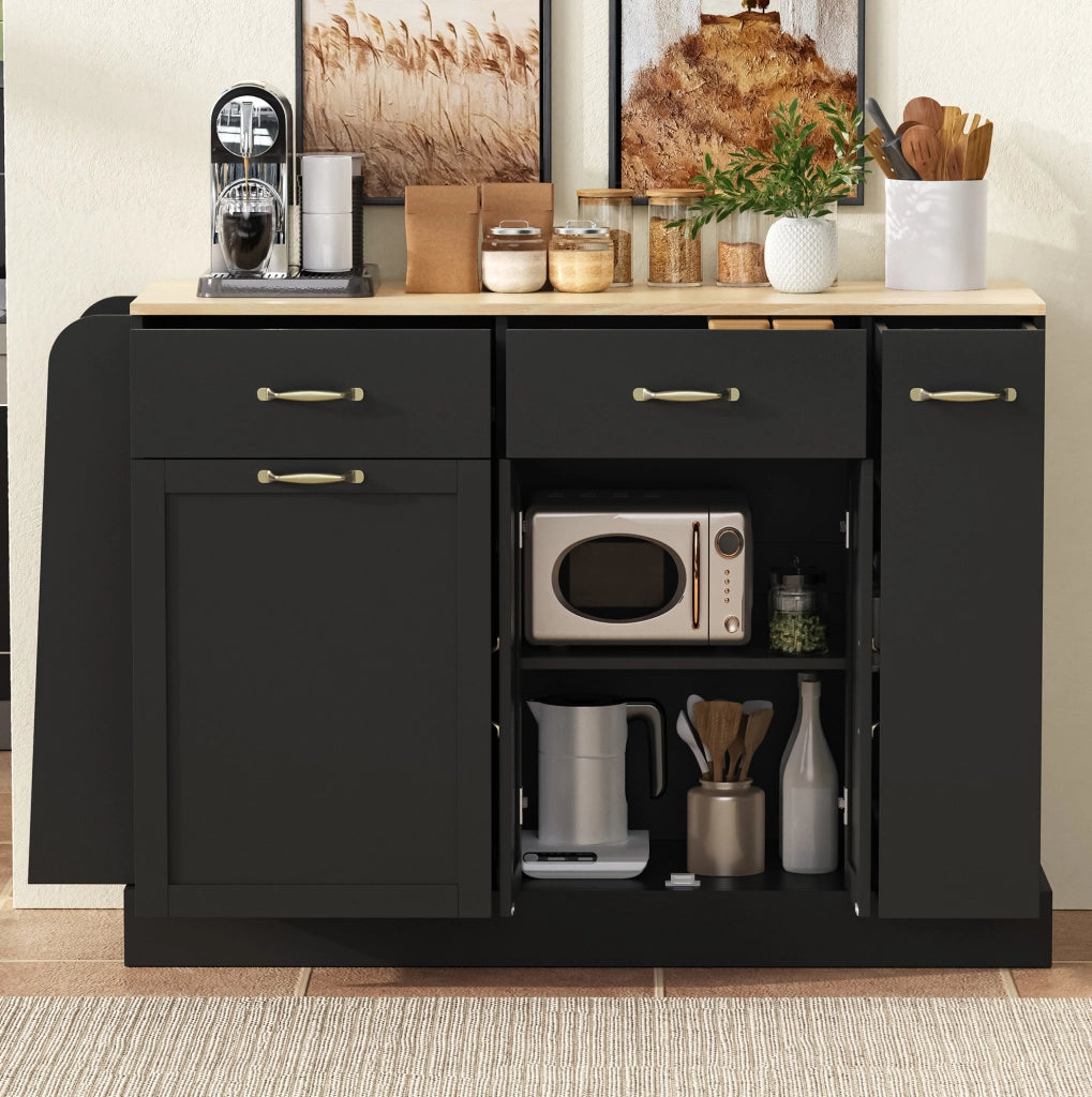 Credenza 133.5x40x86 cm con vano per bidone; ripiani organizzati in MDF nero