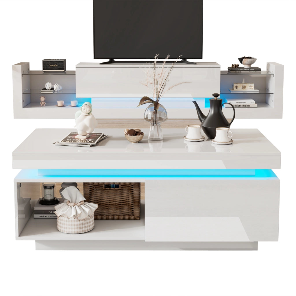 Set Mobile TV con 1 Mobile TV e 1 Tavolino da Salotto; Illuminazione LED; per Soggiorno Moderno; Pannelli di Particelle; Bianco