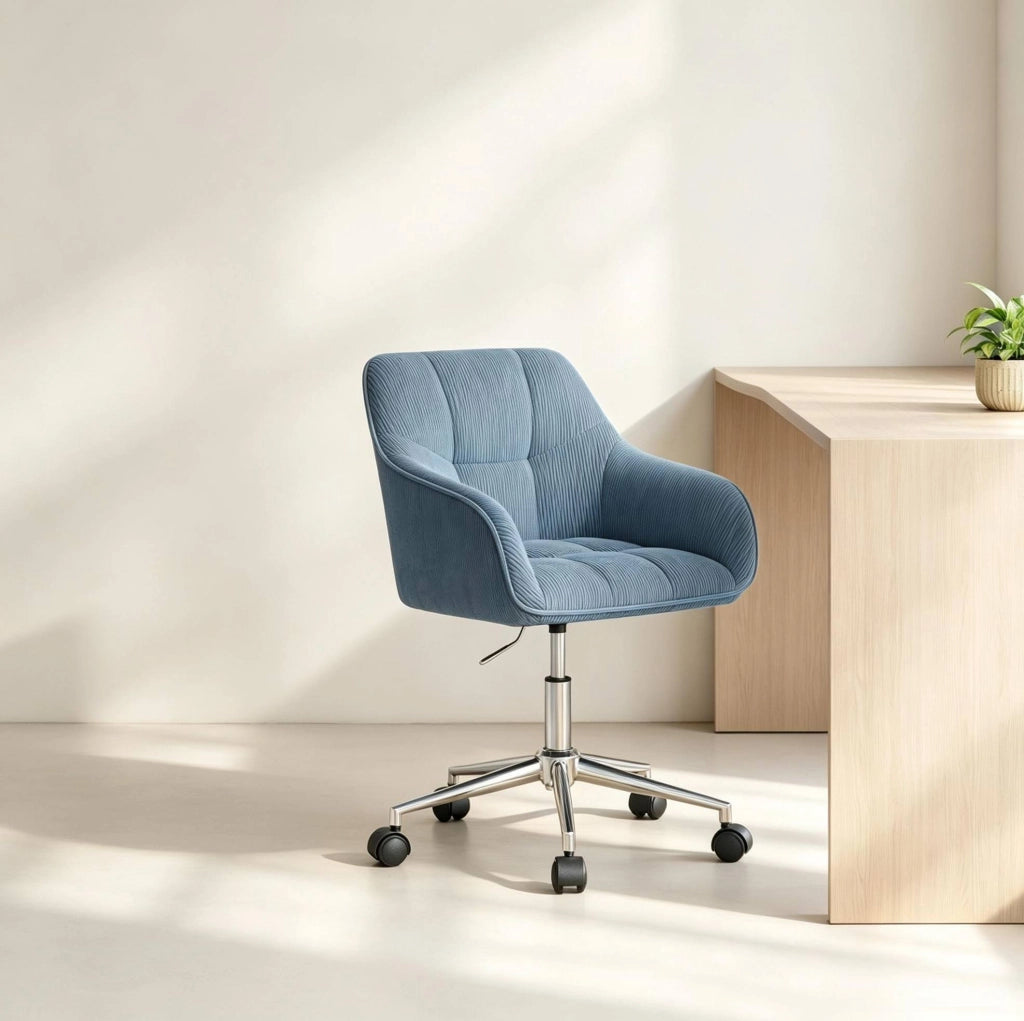 Sedia da ufficio girevole ergonomica blu in velluto a coste con altezza regolabile e ruote