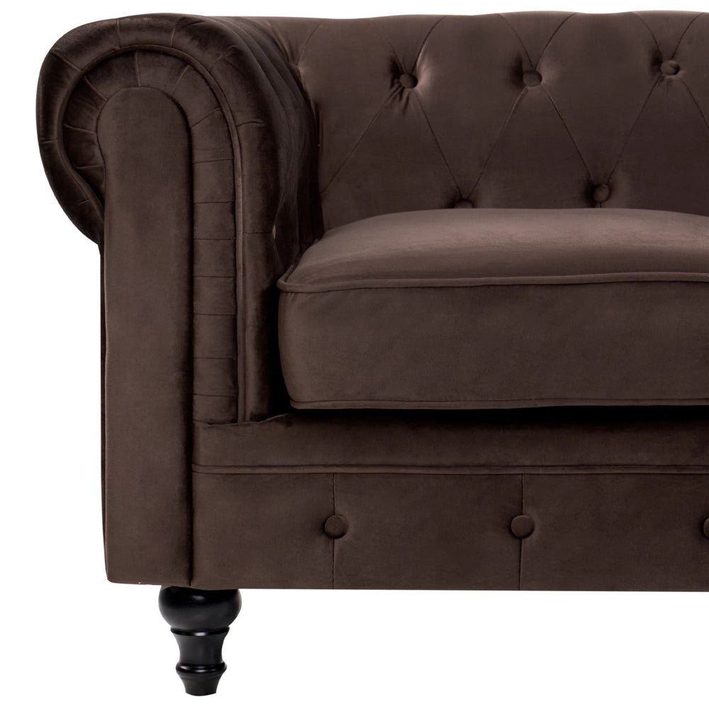 Divano Chesterfield classico capitonné a 3 posti in velluto marrone scuro stile Contemporaneo
