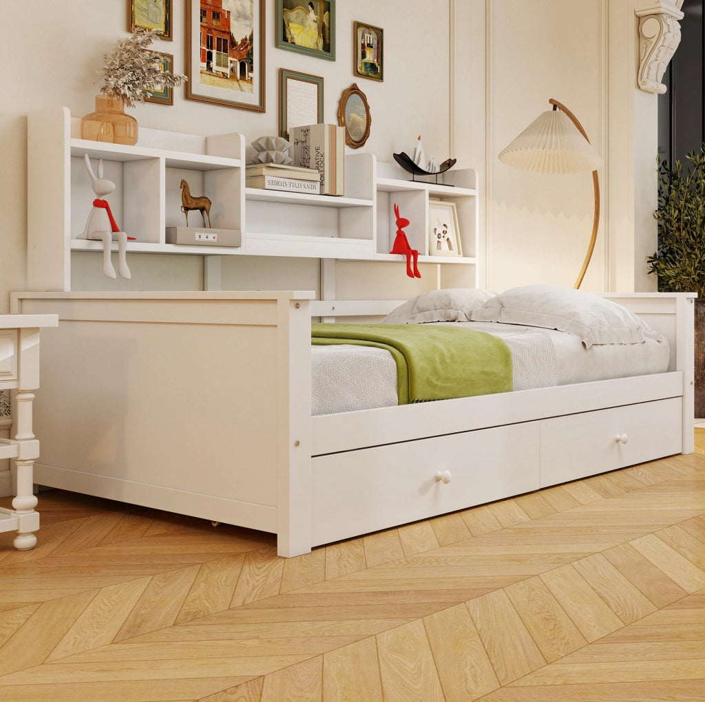 Divano letto singolo 90x200 cm in legno massiccio bianco con 2 cassetti e vani portaoggetti