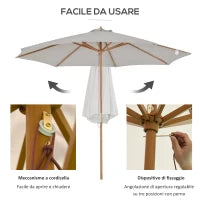 Ombrellone da Giardino 3 m con Palo in Legno, 8 Stecche e Parasole in Poliestere, Grigio